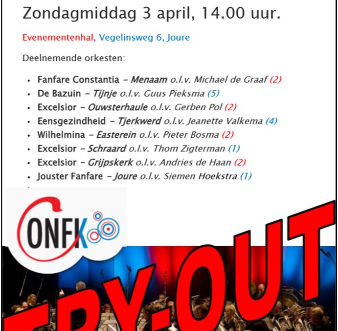 Try-out concert ONFK zondag 3 april 14:00 uur Joure